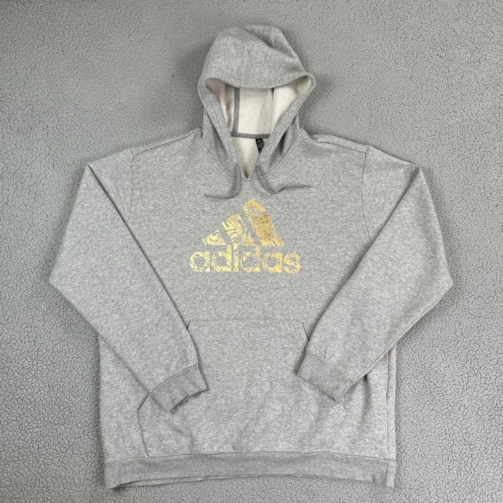 Adidas Liquid Gold Foil Badge of Sport Hoodie Men 2XL Heather Grey Pullover Logo
